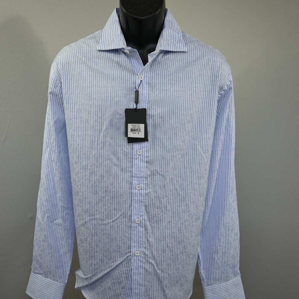 Bugatchi Button Up‎ Mens XL NEW Shaped Fit Blue Striped Floral Jacquard LS